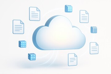 A cartoon cloud with files and cubes floating around on a white background