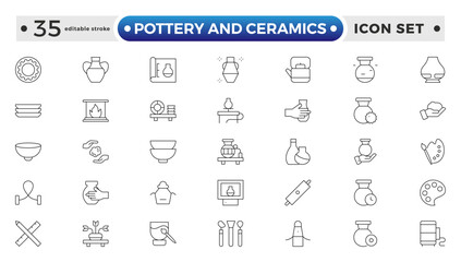 Pottery and Ceramics outline Icon. Clay Vessels, Vases, Jars, Traditional Craft, Ceramic Pots, Amphora, Bowls, Decorative Elements, Vintage Vessels, Greek Jars,. Editable stroke outline icon.