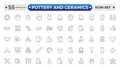 Pottery and Ceramics outline Icon. Clay Vessels, Vases, Jars, Traditional Craft, Ceramic Pots, Amphora, Bowls, Decorative Elements, Vintage Vessels, Greek Jars,. Editable stroke outline icon.