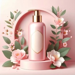 Elegant pink skincare bottle with gold accents surrounded by flowers and greenery