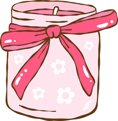 Cute pink candle in floral jar tied with ribbon bow in hand-drawn style