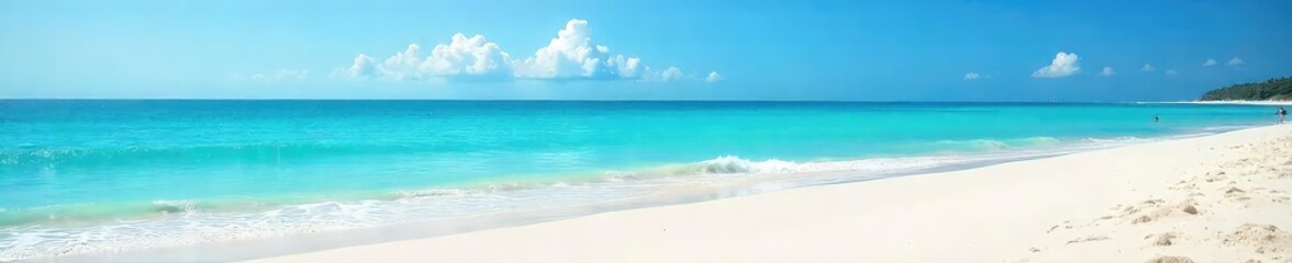 Fototapeta premium Serene coastal scene featuring pristine white sand, turquoise ocean waves gently lapping the shore, and a clear blue sky Perfect for travel, vacation, or summer themes , sandcastle, texture