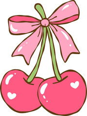 Pair of cherries tied with pink ribbon bow in kawaii style