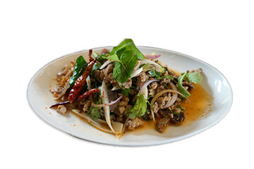 Isolated dish of Larb, spicy minced pork salad- Thai recipe