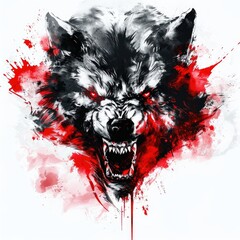 snarling wolf's head with red splatters conveying aggression and power on white background
