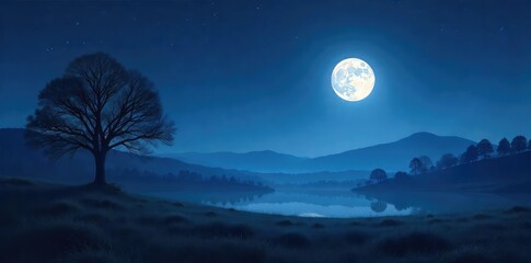 Fototapeta premium Serene night scene featuring a bright, full moon casting a soft, ethereal glow on a tranquil landscape Perfect for themes of peace, nature, and celestial beauty , universe, environment