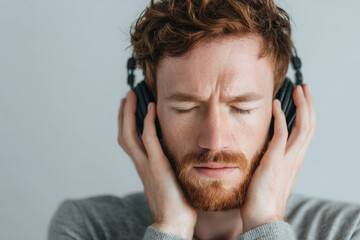 Man turning off music, closing eyes feeling emotion