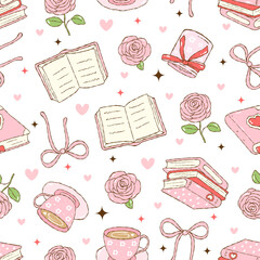 Seamless pastel pattern with books, teacups, roses, hearts, and bows in cozy hand-drawn style on a soft pink background
