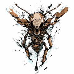 An abstract illustration a skull-headed ant like creature emerging from an ink splatter isolated on white background