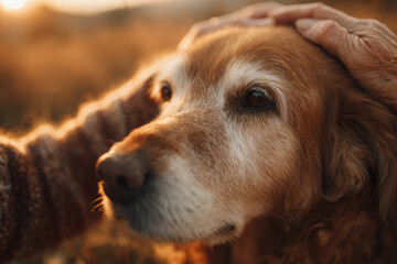 Person petting old dog with love and gratitude, bonding in golden hour