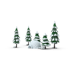 Low poly igloo and snowy pine trees isolated on transparent background