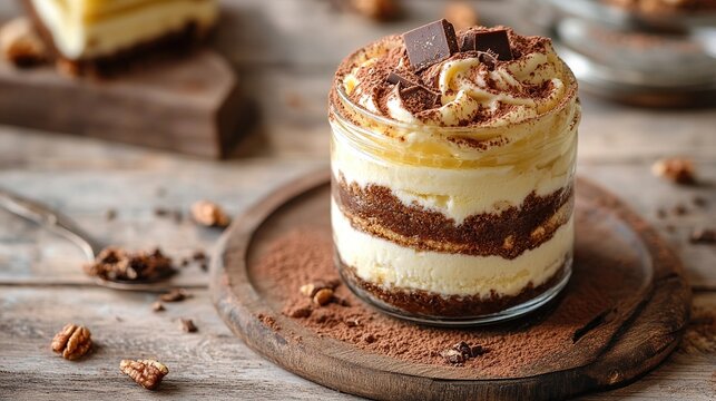 Layered dessert in a glass jar, topped with whipped cream, chocolate shavings, and cocoa powder; sits on a wooden board with scattered cocoa powder and pecans