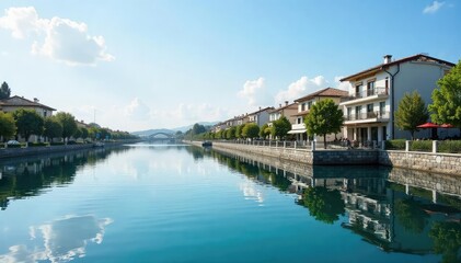 Fototapeta premium Serene view of a calm waterfront, reflecting buildings and a clear sky Perfect for travel, real estate, or nature-themed projects The tranquil scene evokes peace and relaxation , horizon, tranquil