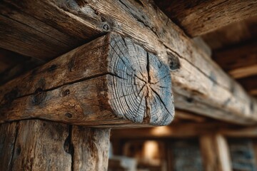 Timber frame corner post shows wood grain detail in an old structure construction for building houses or homes.