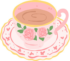 Vintage-style coffee cup with decorative details in pastel kawaii hand-drawn style