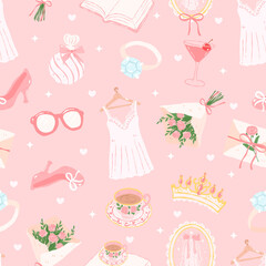 Seamless pastel pattern with bridal elements like veil, flowers, rings, and bows in kawaii hand-drawn style