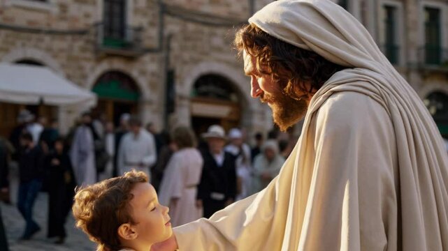Jesus christ blessing a child in a medieval square