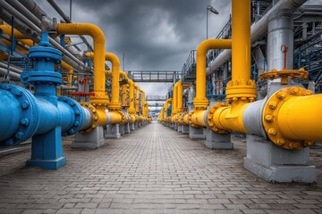 Vibrant yellow and blue industrial pipeline system running along a grey brick pathway under a cloudy sky.