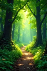 Obraz premium Sun-dappled forest path winding through lush greenery, dappled sunlight filtering through leaves, creating magical atmosphere Perfect for fantasy, fairytale, nature themes , wilderness, shadows