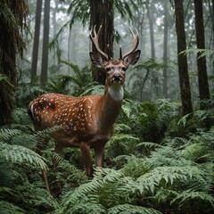 A jungle deer standing near ferns, white background