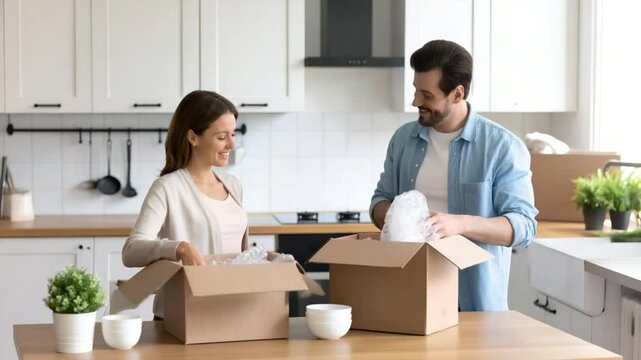 Couple unpacking moving boxes kitchen