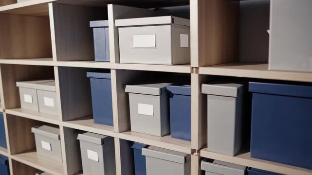Organized office storage with blue and gray boxes wooden shelves, clean and simple workspace organization, modern box shelf