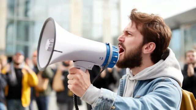 **Vocal Protest: A demonstrator's fiery stance, amplifying their message through a megaphone, capturing a moment of advocacy and dissent within a crowd.**