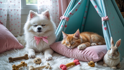 Adorable dog cat and bunny resting comfortably inside a cozy and decorative tent