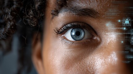 Close-up eye data privacy security locks overlay transparently graphic overlays. AI generated