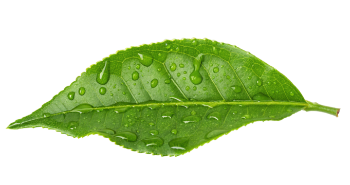 Fresh green leaf with water droplets close up macro shot for nature and environment stock photography use