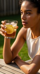 Refreshing iced tea with lemon: A portrait of summer relaxation and enjoyment.