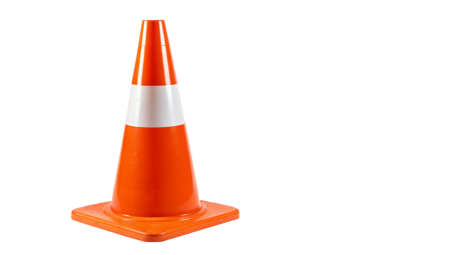 Isolated traffic cone orange and white for road safety and construction site hazard warning on black background