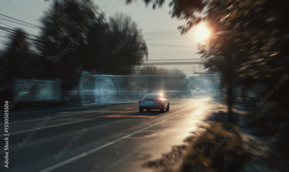 Poster bright sunlight filters through trees as vehicles move along the lanes of a busy road. the warm glow