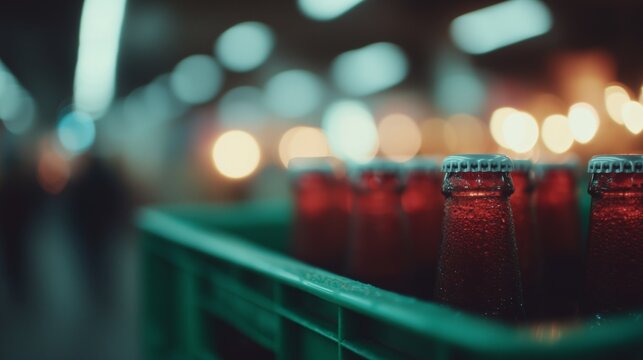 Row of chilled bottles with metal caps in focus inside a green crate, with bokeh background suggesting an industrial setting.