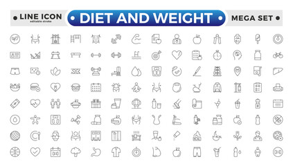 Diet and weight loss outline icon set. Gym and fitness web icon set. Containing healthy lifestyle, weight training, body care and workout or exercise equipment icons. Editable stroke outline icon.
