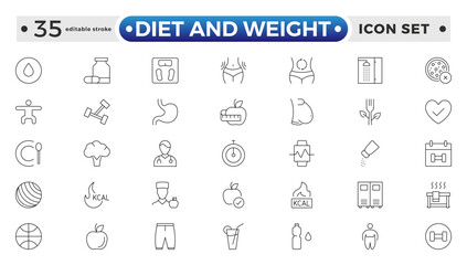Diet and weight loss outline icon set. Gym and fitness web icon set. Containing healthy lifestyle, weight training, body care and workout or exercise equipment icons. Editable stroke outline icon.
