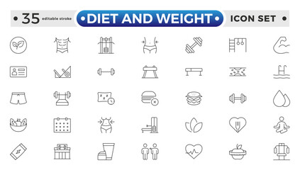 Diet and weight loss outline icon set. Gym and fitness web icon set. Containing healthy lifestyle, weight training, body care and workout or exercise equipment icons. Editable stroke outline icon.
