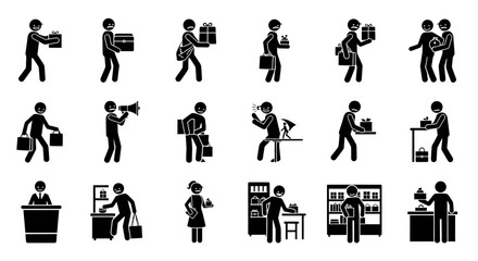 Fototapeta premium Stick Figure Illustrations Depicting Various Shopping and Gifting Scenarios