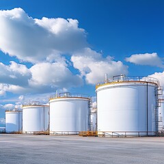 A vast landscape featuring large white storage tanks, surrounded by mountains and open terrain, emphasizing industrial activity in a remote area.