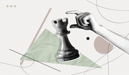 Trendy Halftone Collage Hand holding chess piece. Abstract chessman. Game strategy. Strategic leader. Rook chess figure. Paper texture. Contemporary vector illustration art
