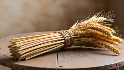 Close-up of dried wheat stalks bound with jute rope, placed on a textured rustic table, soft natural lighting, vintage country feel