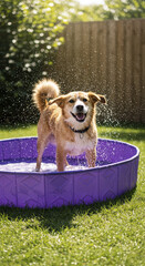 Happy Dog Shaking in a Purple Foldable Pet Bath Pool Outdoors on Green Grass