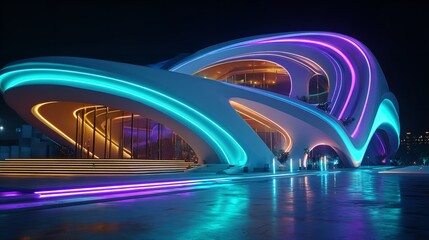 Futuristic Building with Flowing Curves Lit by Vibrant Lights.

