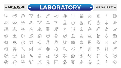 Laboratory outline icon set. Chemistry doodle illustration including icons. Containing experiment, test tube, microscope, flask, chemical, biology, and research. Editable stroke outline icon.
