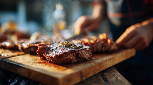 Close-up of a sizzling, seasoned steak being sliced on a wooden cutting board by a chef outdoors.