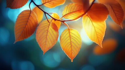 Golden Autumn Leaves with Sunlight and Blue Soft Background Nature Still