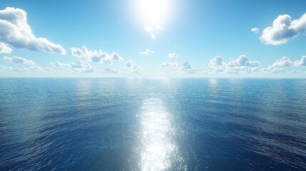 Fototapeta premium Calming Blue Ocean with White Clouds and Bright Sun Shines Over Rippling Water