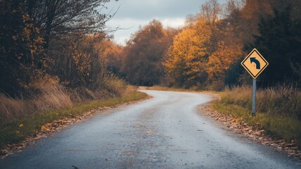 Curving road with a caution sign surrounded by autumn foliage in a quiet countryside setting