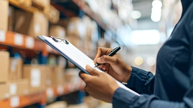 Person taking notes on clipboard in warehouse