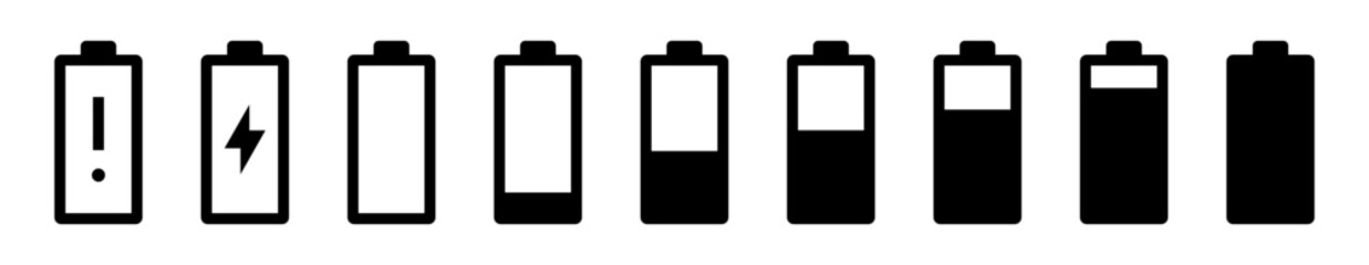 Battery charge level icon set with warning, charging, empty, and full indicators. Includes energy status symbols. Flat vector style for UI, mobile, and device interfaces. Icons, vector, symbols.